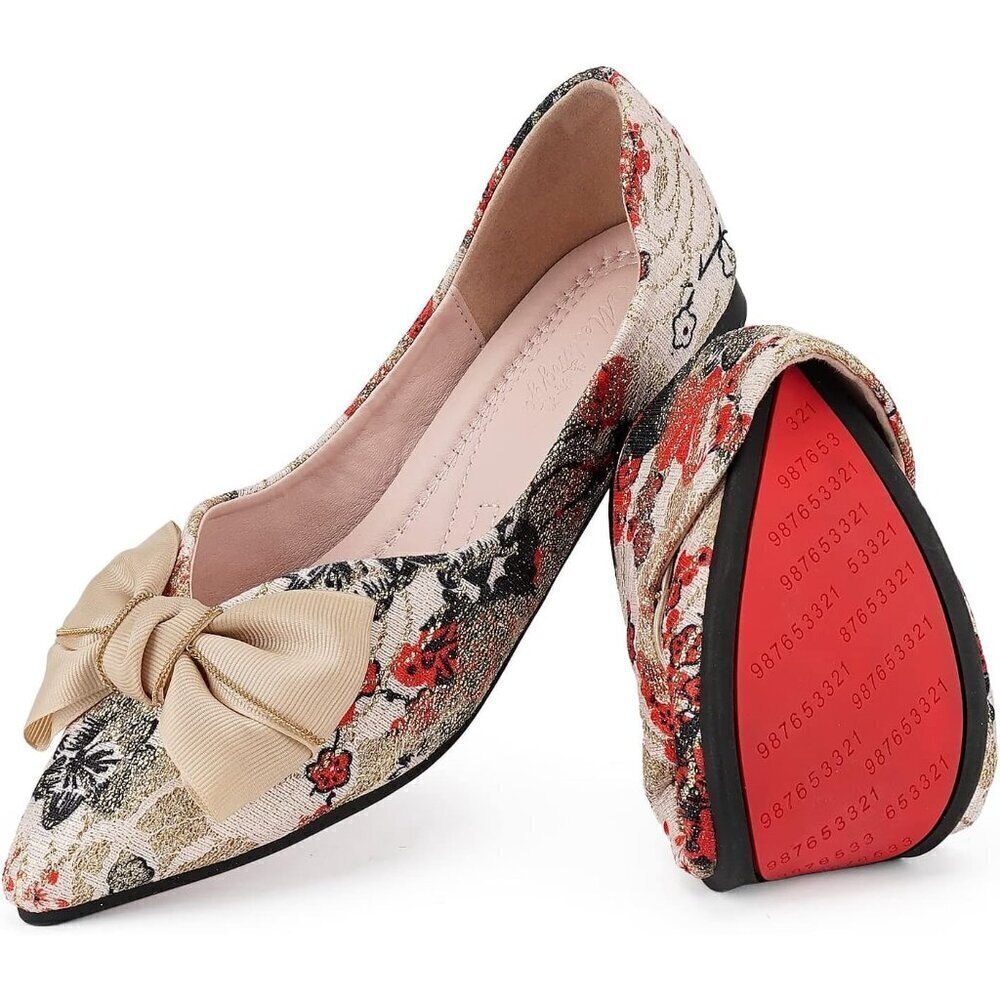 🆕Hxlber Flats Shoes Women's Cream Embroidered cloth upper and rubber sole Shoes